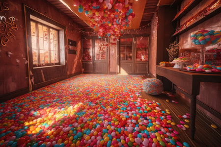 immersive environment with dazzling display of sweets, including gumballs, chocolates and lollipops, created with generative aiの素材