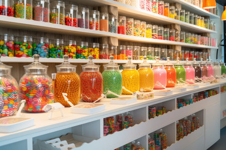 candy shop with colorful & modern interior, sweets on display & glass jars of candy, created with generative aiの素材