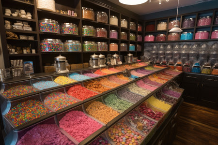 candy shop filled with delicious treats, including custom candy creations and chocolate bars, created with generative aiの素材