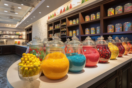 bright and colorful candy shop with jars of jelly beans, gummy bears and more, created with generative aiの素材