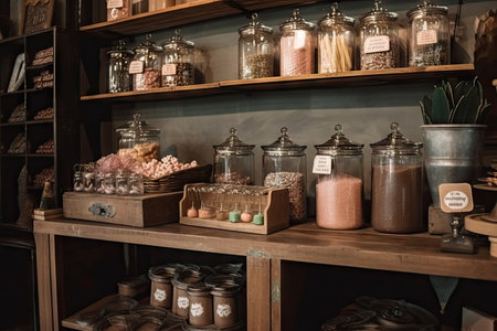 sweet and candy shop with vintage interior design including wooden crates, metal buckets and jars, created with generative aiの素材