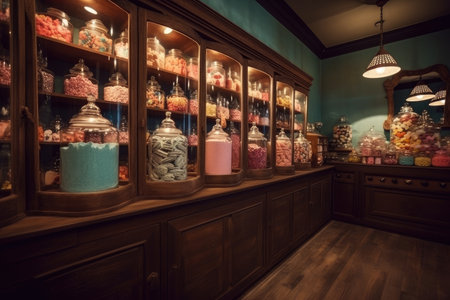 candy shop with vintage interior, candy jars and glass displays, created with generative aiの素材
