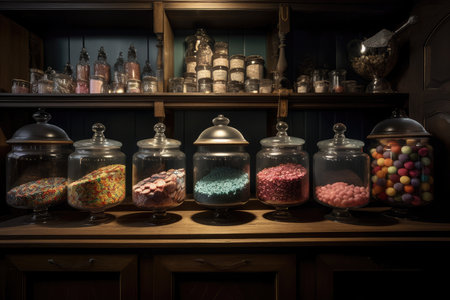 discrete and atmospheric candy shop, with vintage jars of sweets and old-fashioned sweets, created with generative aiの素材