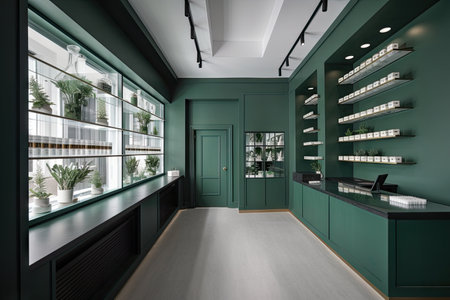 cannabis dispensary with sleek, modern design and minimalist elements, created with generative aiの素材