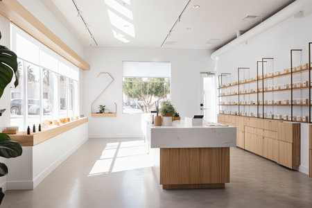 a bright and airy cannabis dispensary, with natural light and a minimalist design, created with generative aiの素材