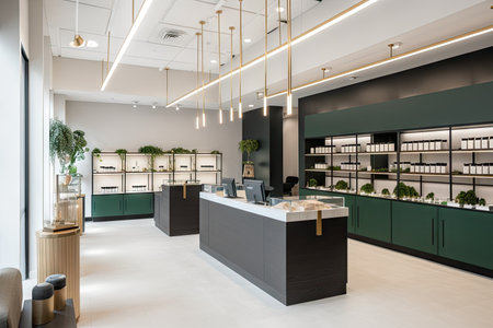 modern dispensary with sleek design and minimalistic elements, including light fixtures and furniture, created with generative aiの素材