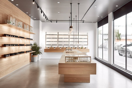 cannabis dispensary with minimalist decor, sleek furnishings, and natural lighting, created with generative aiの素材