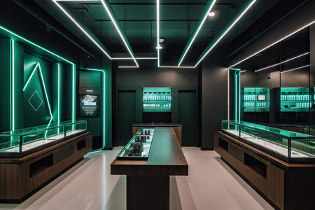 high-tech cannabis dispensary with sleek and modern design elements, created with generative aiの素材
