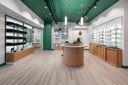 cannabis dispensary with sleek and modern design, featuring minimalist elements and pops of color, created with generative aiの素材