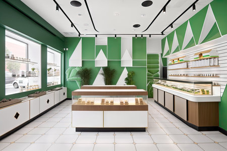 cannabis dispensary with sleek and modern design, featuring minimalist elements and pops of color, created with generative aiの素材
