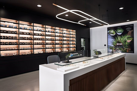 edgy and modern dispensary with sleek furnishings and minimalist design, created with generative aiの素材