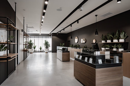 cannabis dispensary with minimalist decor, sleek and simple design, and a focus on providing patients with the best experience possible, created with generative aiの素材
