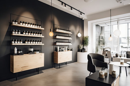 cannabis dispensary with sleek and modern design, featuring minimalist furniture and minimalistic decorations, created with generative aiの素材