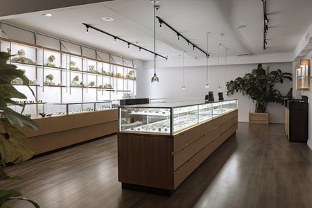 cannabis dispensary with sleek and modern design, featuring minimalist furniture and minimalistic decorations, created with generative aiの素材