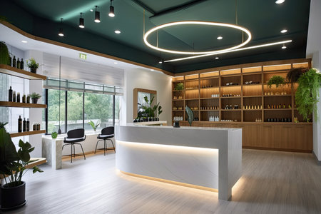 cannabis dispensary with modern, sleek design, clean lines, and touch of greenery for soothing effect, created with generative aiの素材