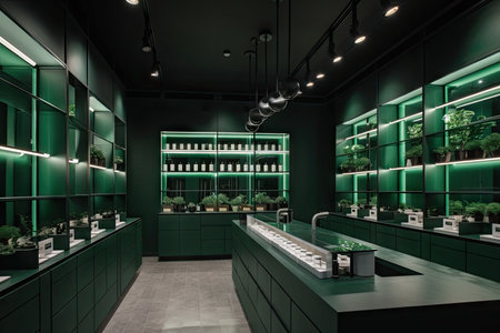 green and lush modern dispensary with sleek minimalist design, created with generative aiの素材