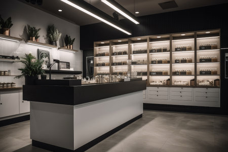 photoshoot of sleek and streamlined cannabis dispensary with minimalistic design elements, created with generative aiの素材