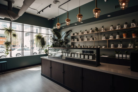 cannabis dispensary with sleek, minimalist decor and natural light, created with generative aiの素材