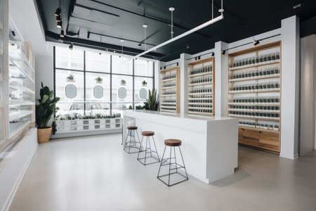 modern cannabis dispensary with sleek, minimalist design and custom fixtures, created with generative aiの素材