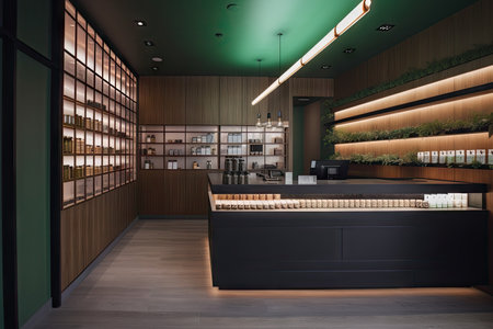 modern cannabis dispensary with sleek, minimalist design and custom fixtures, created with generative aiの素材