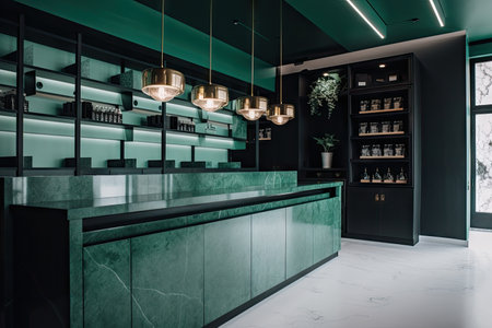 high-end dispensary with sleek and modern design, featuring calming colors and minimalist elements, created with generative aiの素材