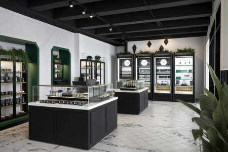 cannabis dispensary with sleek and modern decor, showcasing the products for sale, created with generative aiの素材