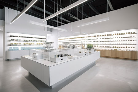 modern and sleek dispensary, with minimalistic design touches, showcasing a wide variety of products, created with generative aiの素材