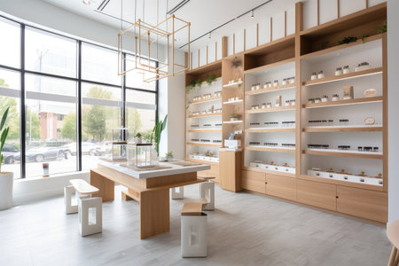 calm and serene dispensary with natural lighting and minimalist furnishings, created with generative aiの素材