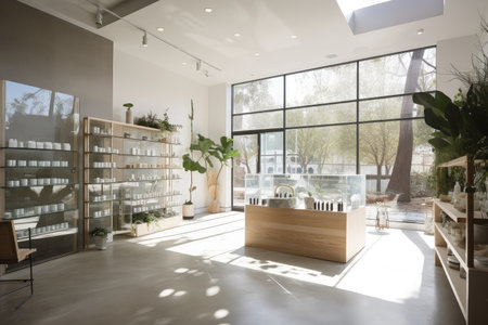 calm and serene dispensary with natural lighting and minimalist furnishings, created with generative aiの素材