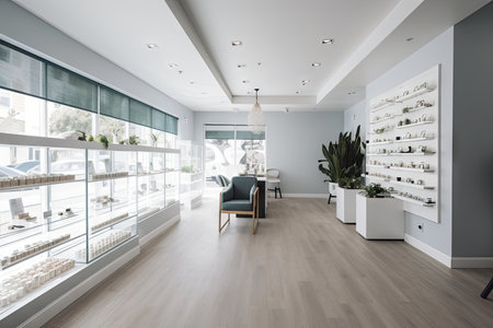 calm and serene dispensary with natural lighting and minimalist furnishings, created with generative aiの素材