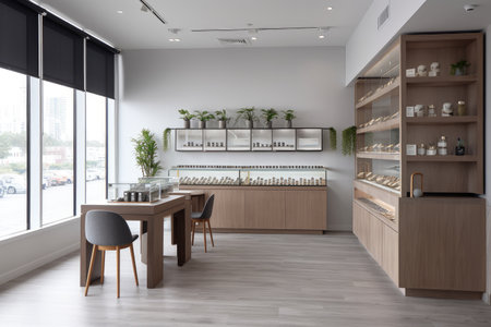 modern dispensary with minimalist design, sleek furniture, and minimalistic accents, created with generative aiの素材