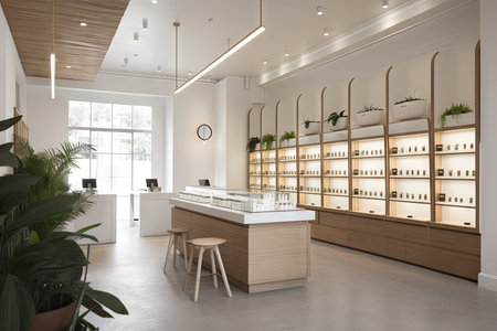 elegant and inviting cannabis dispensary with sleek furnishings, natural light, and minimalistic design, created with generative aiの素材