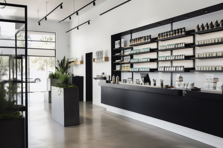 modern dispensary with sleek design and minimalist aesthetic, showcasing the wide variety of cannabis products and accessories, created with generative aiの素材