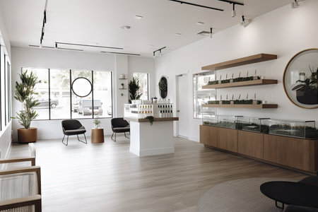 a dispensary with a sleek and modern design, featuring minimalist furniture and contemporary decor, created with generative aiの素材