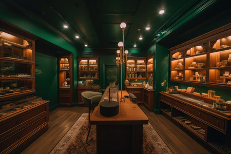 a cozy cannabis dispensary with plush furniture and warm lighting, created with generative aiの素材