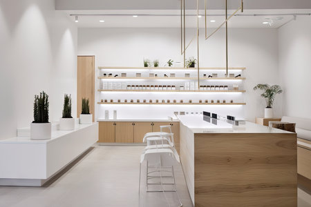 cannabis dispensary with minimalist, sleek and modern interiors, featuring sleek furniture and minimalistic decor, created with generative aiの素材