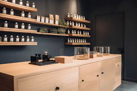 minimalist cannabis dispensary with sleek wooden accents and glass jars for product display, created with generative aiの素材
