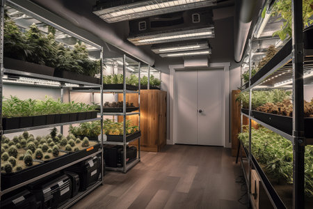 advanced grow room with advanced lighting and climate control systems, created with generative aiの素材