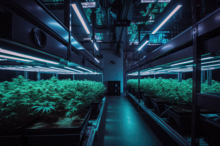 high-tech cannabis growing facility, with advanced lighting and ventilation systems, created with generative aiの素材