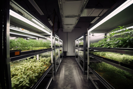 high-tech grow room with advanced lighting, ventilation and watering systems, created with generative aiの素材