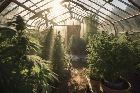 greenhouse with lush cannabis plants growing in the sunlight, created with generative aiの素材