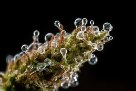 close-up of cannabis bud with shiny crystals and trichomes, created with generative aiの素材