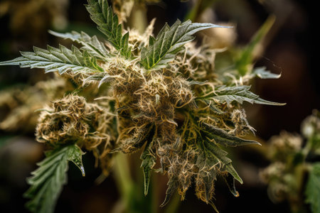 close-up of cannabis plant, with its intricate patterns and textures on full display, created with generative aiの素材