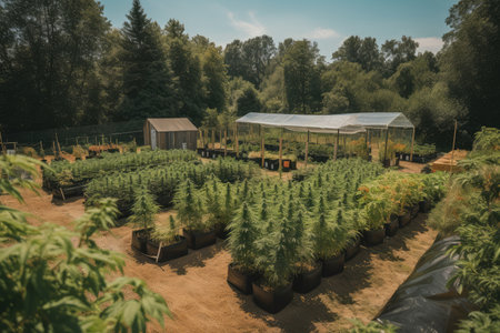 outdoor cannabis farm, with plants growing in rows and busy bees nearby, created with generative aiの素材