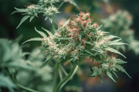 close-up of cannabis plant, with its intricate and delicate flowers in full bloom, created with generative aiの素材