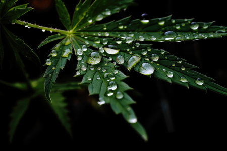 close-up of cannabis plant, with droplets of water on its foliage, created with generative aiの素材