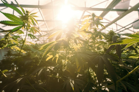 cannabis plant thriving in greenhouse, with bright sunlight and fresh air, created with generative aiの素材