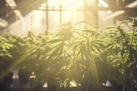 cannabis plant thriving in greenhouse, with bright sunlight and fresh air, created with generative aiの素材