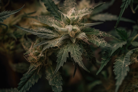 close-up of cannabis plant, showing intricate details and textures, created with generative aiの素材