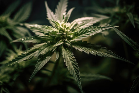 close-up of cannabis plant, with focus on the richly textured leaves, created with generative aiの素材